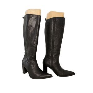 Black Italian Leather Knee High Western Heeled Boots Pointed Toe 9.5 Pour LAmour
